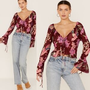 NWT Free People Of Paradise Floral Bell Sleeve Blouse Size Small